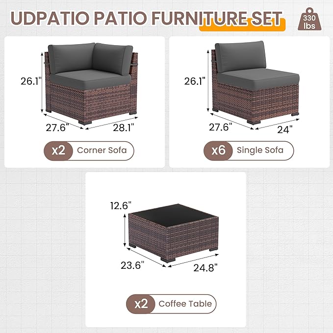 UDPATIO Patio Furniture Set, Modular Outdoor Sectional with 105°Slanted Back, 10 Pieces Rattan Conversation Set for Poolside, Backyard, Deck, with Coffee Table, Waterproof Cover,Grey