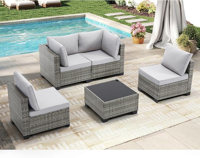 CANMOV 5 Pieces Patio Furniture Sets, All Weather Outdoor Patio Conversation Set, Wicker Rattan Sectional Sofa Couch with Glass Coffee Table, Washable Cushions for Backyard Garden, Porch, Light Grey