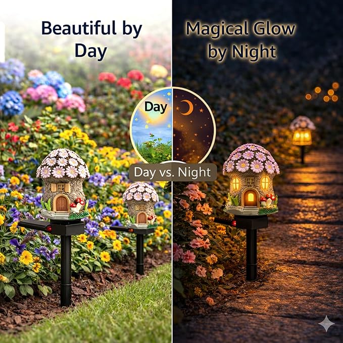 Solar Garden Lights Outdoor, 2 Pack Decorative Solar Flower Cottage Pathway Lights Waterproof, Resin Fairy Garden Lights for Yard Lawn Patio Decor