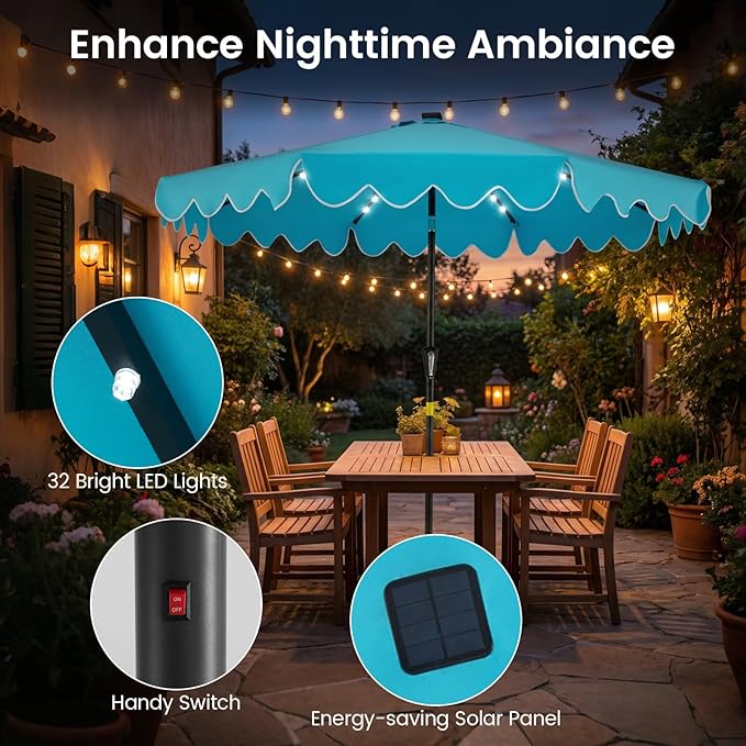 Tangkula 9 FT Solar Patio Umbrella with Base Included, 2-Tiers Outdoor Scalloped Table Umbrella with 32 LED Lights, 2 Sandbags, Tilt Adjustment, Crank, 8 Ribs for Market Backyard Pool Deck Beach Lawn