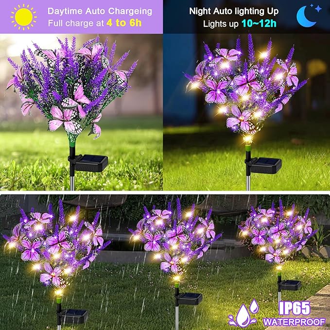 NBQQ Solar Garden Lights Outdoor 4 Pack Lavender Butterfly Lights, Solar Artificial Flower Outdoor Waterproof Decoration Gardening Gifts for Women, Yard Patio Pathway Lawn Courtyard Decoration