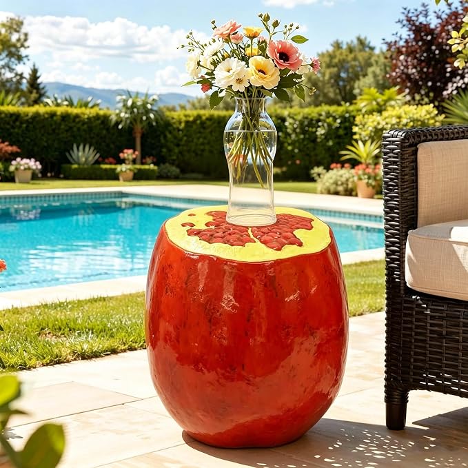 14'' Garden Fruit Design Stool, Decorative Patio Side Tables for Outside / Indoor, Drum Table & Plant Stands Stools for Patio Balcony Living Room, Home Decor, Weather-Resistant (Red, Pomegranate)