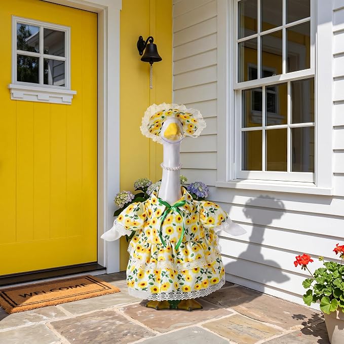 Porch Goose Outfit Flower with Pearl Necklace and Sunflower Hat for 23" Large Statue,Porch Goose Clothes for Outdoor Patio Yard Garden Holiday Decor