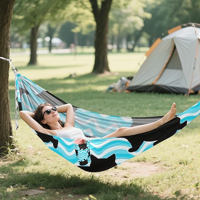 Wave Pattern Cartoon Cat Black 330lb Capacity Outdoor Hammock with Hanging Rope Hanging Hammock for Outside Beach Patio Garden para ir de Camping