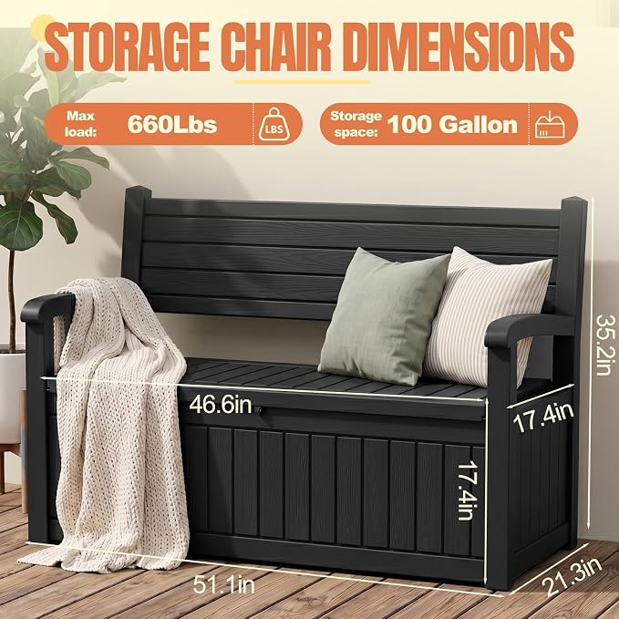 Storage Bench Outdoor Deck Box,100 Gallon Waterproof & UV Resistant Lockable Patio Furniture Seating.Indoor/Outdoor Shoe Storage Cabinet for Garden Cushions,Tools,Patio,Pool Supplies(Black)