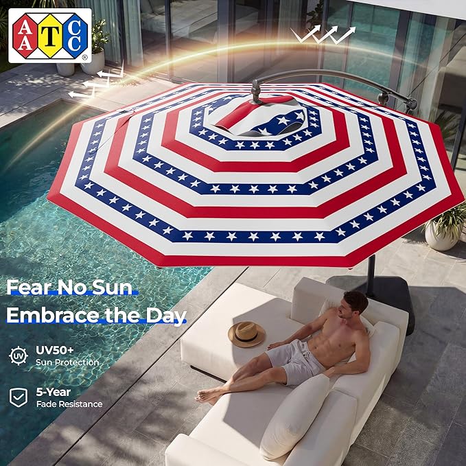 HOMSHADE 10ft Offset Patio Umbrella - w/Base, Cantilever Offset Hanging Patio Outdoor Market Umbrella UPF50+ UV Protection with Easy Tilt and Crank for Pool Deck and Garden(Red & Blue Star Stripes)