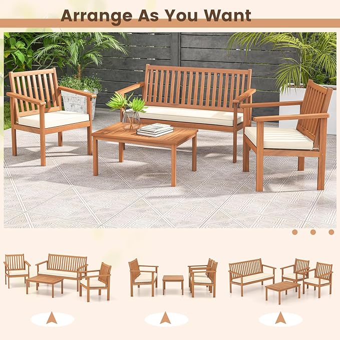Tangkula 4 Piece Patio Wood Furniture Set, Acacia Wood Sofa Set w/Loveseat, 2 Chairs & Coffee Table, Soft Seat Cushions, Outdoor Wood Furniture Set for Porch, Yard, Balcony (Off White), OneSize