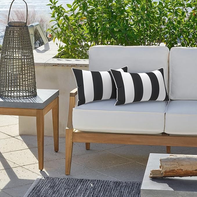 LVTXIII Set of 2 Outdoor Lumbar Pillows for Patio Furniture with White Piping, 12"x20" Fade Resistant Patio Lumbar Pillows with Inserts for Home Coach Sofa Use, Cabana Black