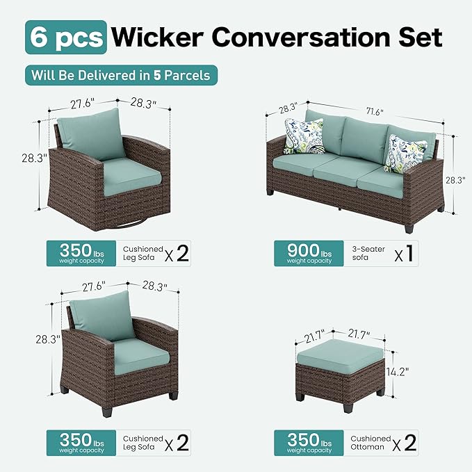 Swivel Glider Patio Furniture Set Outdoor Furniture Brown Wicker Rattan Patio Conversation Sets with Cushion Outside Sofa Set,7 Pieces 9 Seats,Blue