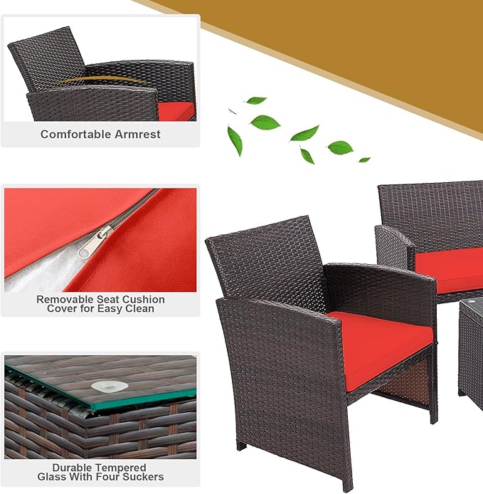 HAPPYGRILL Set of 4 Rattan Conversation Set Outdoor Wicker Furniture Set with Tempered Glass Coffee Table, Soft Cushions, Weather-Resistant Rattan Chair Set for Garden Backyard Poolside