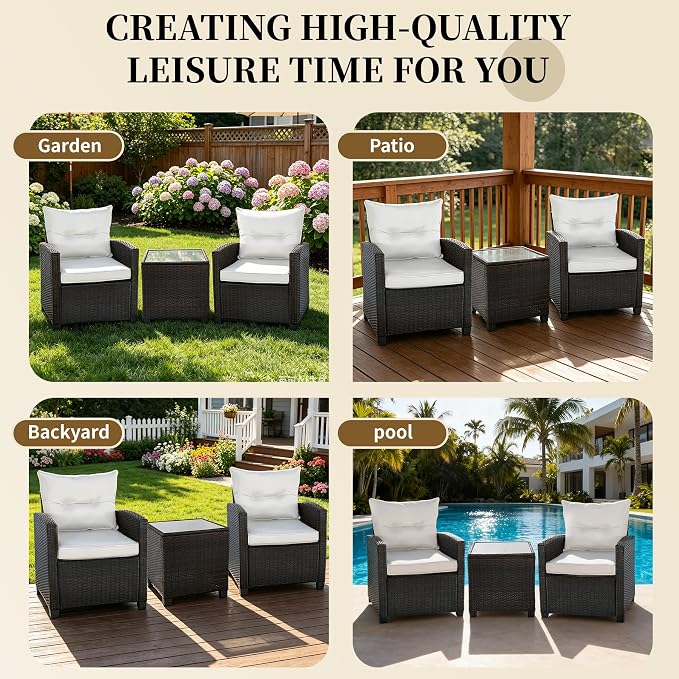 3 Pieces Patio Furniture Set,Outdoor Wicker Conversation Set,Outdoor Wicker Patio Chairs with Cushions & Glass Coffee Table,Bistro Set Outdoor for Porch (White)