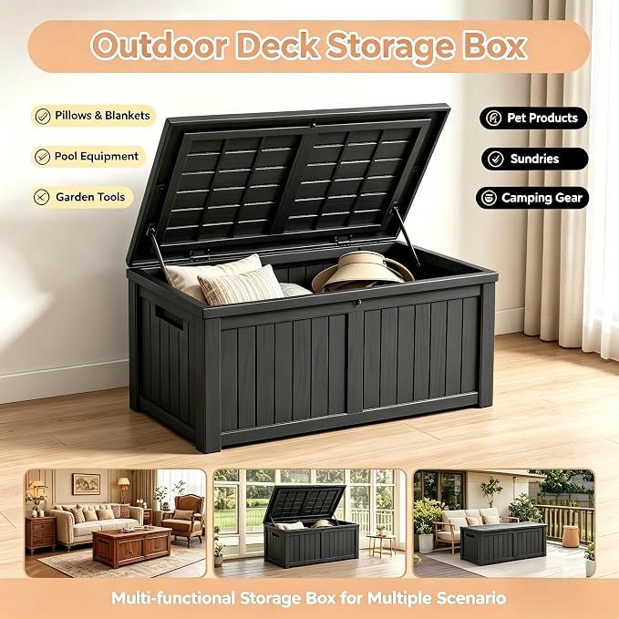 270 Gallon Extra Large Deck Box Outdoor, Resin Storage Box Outdoor Waterproof, Lockable Garden Storage Bench, Holds Patio Furniture, Pool Supplies & Equipment, Hydraulic Rod, UV-Proof, Black