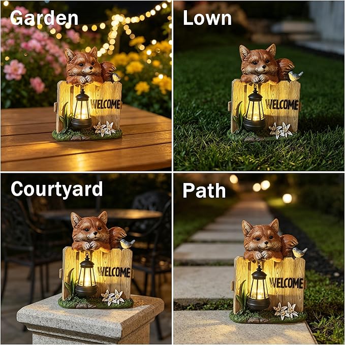 Garden Fox Welcome Sign with Solar LED Lantern, Outdoor Decorative Statue with Bird and Flowers for Porch, Patio or Garden