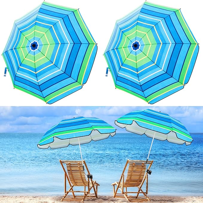 Buryeah 2 Pcs Beach Chair Umbrella Automatic with Universal Adjustable Clamp 44" UPF 50+ Portable Clamp on Beach Chair for Wheelchair Patio Golf Carts Camping