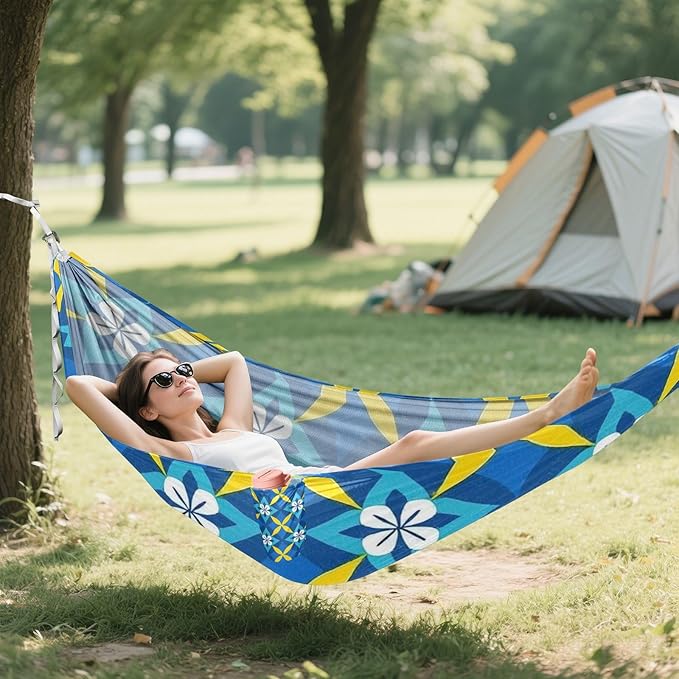 Blue and Yellow Japanese Vintage Flowers 330lb Capacity Hammocks with Portabl Carry Bag Rope Hammock for Outside Patio Backyard Poolside hamaca con soporte para adultos