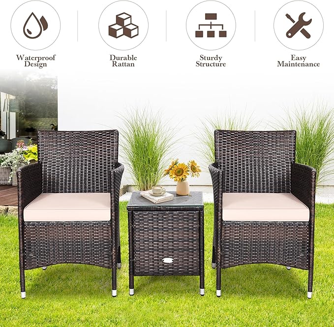DORTALA 3 Piece PE Rattan Patio Furniture Set, Outdoor Chairs & Table Set with Tempered Glass Top & Cushions, Wicker Conversation Set for Garden Backyard, Beige