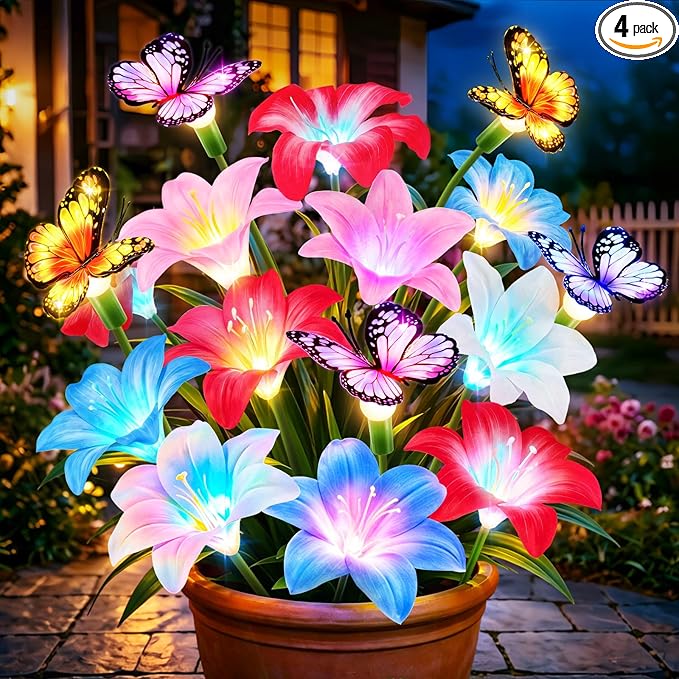 Solar Garden Lights Outdoor, 4 Pack Lily Solar Flowers with Butterfly, 32 LED 800mAh Waterproof Solar Flowers for Outside, 7 Color Changing Adjustable Stems for Yard Patio Garden Decor, Gift for Mom