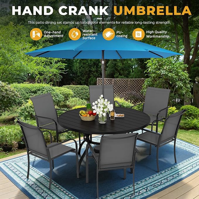 Incbruce 8 PCS Patio Dining Set with Sky Blue Umbrella, Outdoor Dining Set of 6 Textilene Chairs and 53" Round Table with Umbrella Hole for Backyard, Garden, and Poolside (Grey)