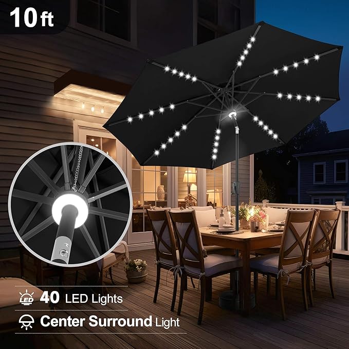 FLAME&SHADE 10 FT Solar Light Patio Umbrella, 40 LED lights outdoor umbrella with Centre Surround Light, Table Market Umbrella for Deck, Pool, Porch, Backyard, Garden, UV Protection, Black