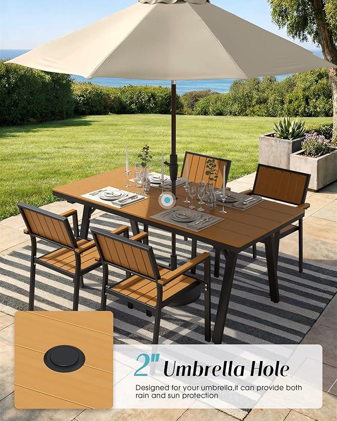 Ciokea Aluminum Outdoor Dining Sets for 4, Patio Table and Stackable Chairs Set with Umbrella Hole, All-Weather HDPS Durable Furniture for Backyard, Poolside, Lawn & Garden | 5-Piece, Teak