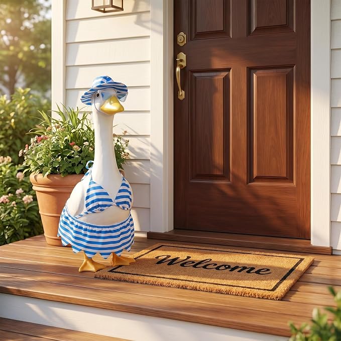 Hot 4Pcs Summer Bikini Porch Goose Outfits Set, Blue Striped Beach Costume with Hat, Fasion Sunglasses & Skirt, Yard & Lawn Goose Clothes for 23" Statue, Outdoor Patio Garden Decoration(Bikini)