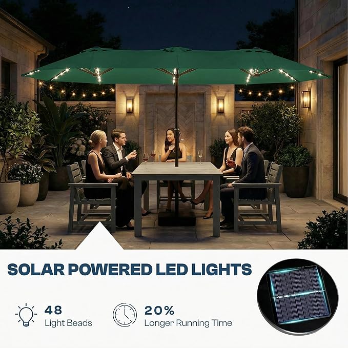 15FT Large Outdoor Patio Umbrella with Solar Lights and Base, Double-Sided Table Umbrellas with 48 LED Lights, Rectangle Market Umbrella for Pool, Deck, Backyard