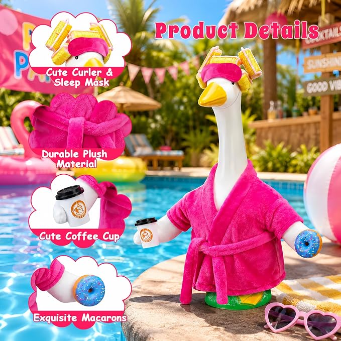 Lady Porch Goose Outfits, Spring Summer Porch Goose Clothes for 23 inch Goose Statue, Bathrobe Goose Costume with Curlers, Sleep Mask, Coffee, Donut for Lawn, Yard, Garden, Outdoor Patio, Home Decor