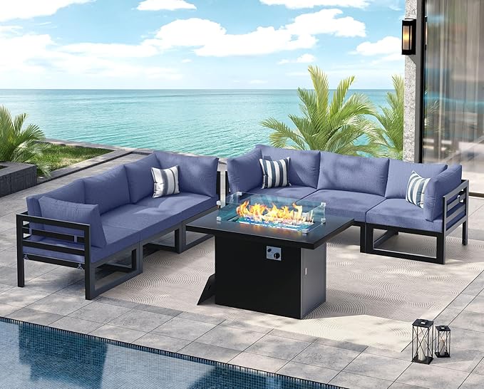 NICESOUL 6 Seat Modern Aluminum Patio Furniture Set with Fire Pit Table, 500lbs Heavy Duty Outdoor Sectional Sofa, 29" Deep Wide Oversized Seating L Shaped Conversation Couch for Garden, Denim Blue
