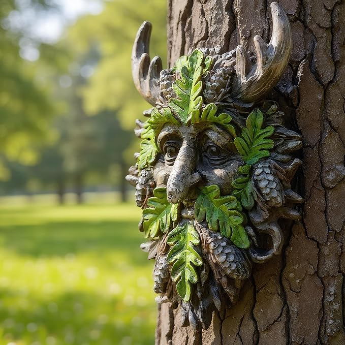 8.3" Real Tree Face Hugger Statue, Garden Outdoor Resin Sculpture with Foliage Features, Fairy Elve Accent Yard Art, Halloween Trees Decorations Outdoor Wall Mounted Statue