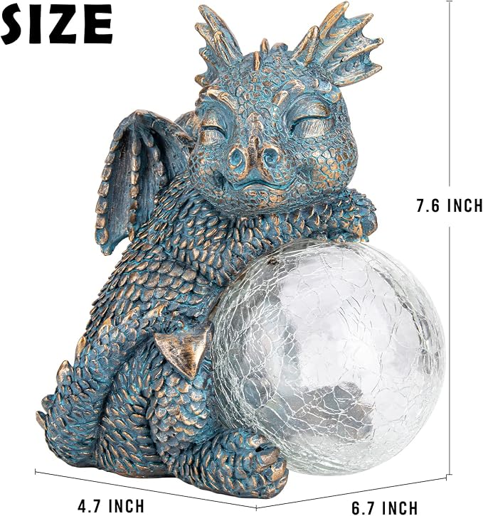 Solar Dragon Garden Statue, Dragon Solar Lights with Crackled Glass Globe | Solar Dragon Statue with Glowing Light, Fantasy Outdoor Decor for Garden, Patio, Yard, Fairy Ggarden and Dragon Lovers Gifts