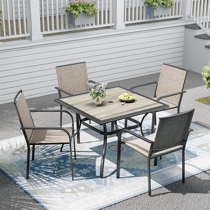 Patio Dining Set for 4, Outdoor 37" Dining Table with Laminated Top and 1.9" Umbrella Hole, 4pcs Stackable Patio Chairs Included, Perfect for Home & Outside