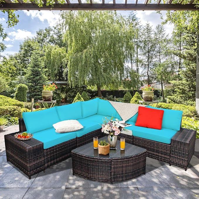 Tangkula 6 Piece Wicker Patio Furniture Set, Outdoor All Weather PE Rattan Conversation Set w/Tempered Glass Coffee Table, Sectional Sofa Set w/Comfortable Cushions for Backyard, Garden (Turquoise)