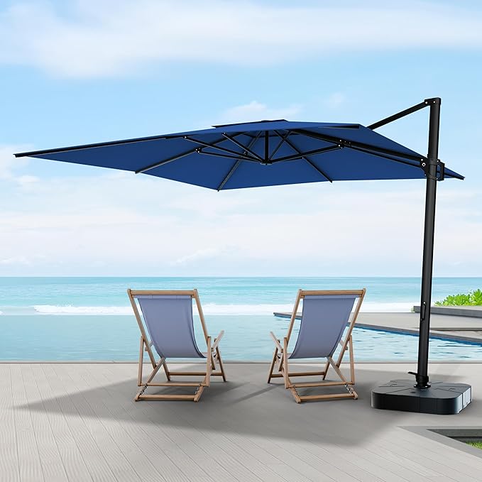 Midtown Umbrellas 9 x 9 Ft Outdoor Cantilever Patio Umbrella w/Sunbrella Dark Blue Fabric - 360° Rotate Offset Patio Umbrella, Deck Patio Umbrella, Backyard Umbrella & Garden Umbrella - Black Frame