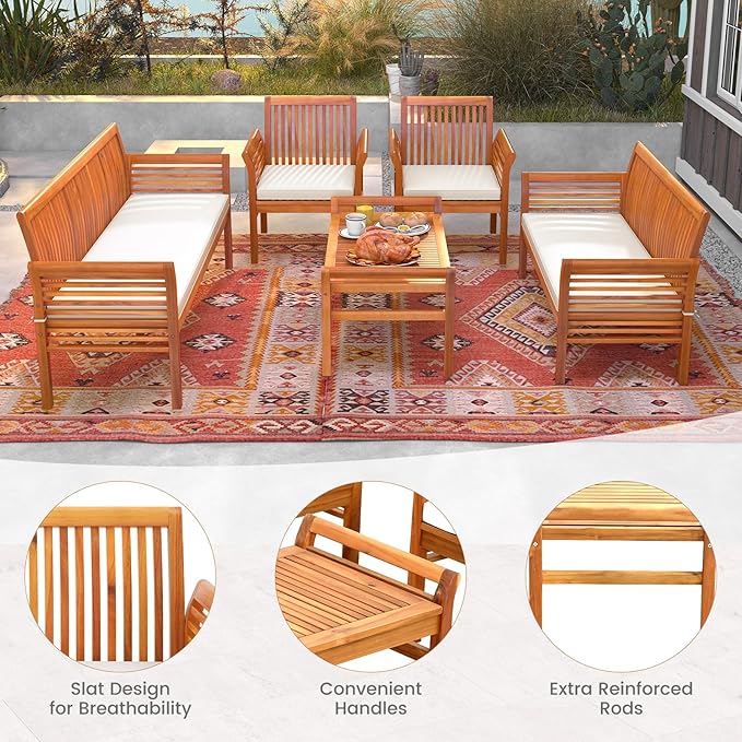 HAPPYGRILL 5 Pieces Acacia Wood Patio Conversation Set, Outdoor Furniture Sofa Set with Removable Seat Cushions, Sectional Sofa & Table Set for Garden Backyard Deck Poolside