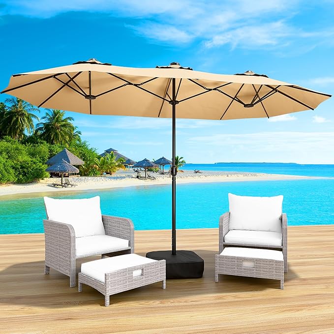 LEVELEVE 15FT Double-Sided Patio Umbrella with Base Included, Large Outdoor Rectangular Market Umbrella for Backyard, Poolside, Lawn & Garden, Khaki