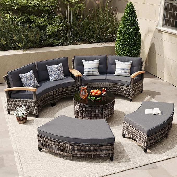 MEISSALIVVE 8 Piece Outdoor Patio Furniture Set, Half-Moon Curved Sectional Set with Wood Armrests, 2 Half-Moon Ottomans, Round Table (Grey)