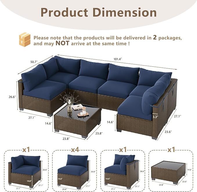 LOUVIXA 7 Piece Outdoor Patio Furniture Set, Outdoor Sectional Sofa, Wicker Rattan Patio Furniture, Patio Conversation Set with Coffee Table & Cushions