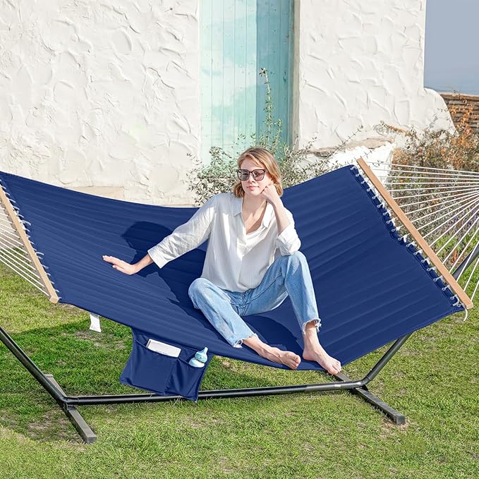 2 Person Hammock with Stand for Outside, Heavy Duty Steel Stand, Double 55inch Hammocks, Large Removable Pillow, Storage Bags, Max 475 lbs Capacity (Blue)