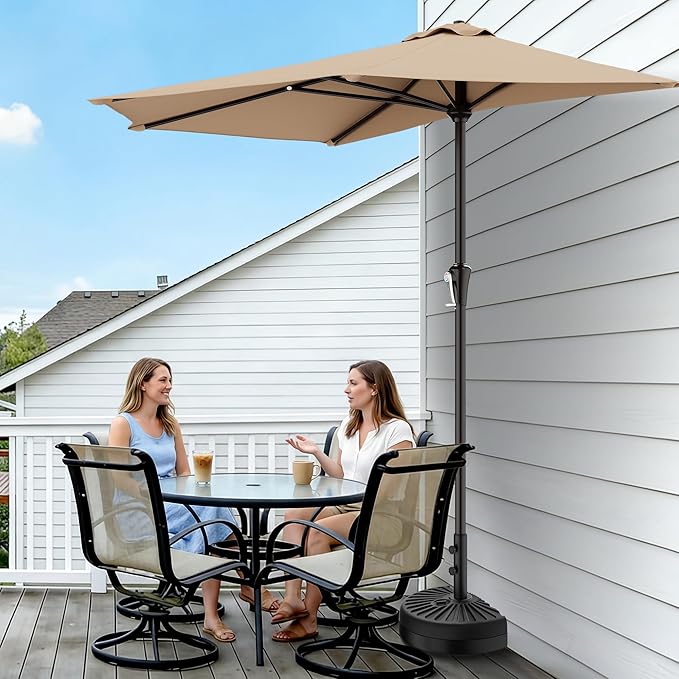 AreShark 9FT Half Patio Umbrella, Outdoor Wall Umbrella with Crank & 5 Sturdy Ribs, Table 1/2 Umbrella Patio for Garden, Deck, Balcony and Pool, Beige