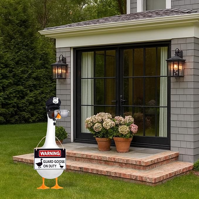 Police Goose Outfits 23” Lawn Porch Goose Police Hat Eyeglasses Tie Wooden Porch Geese Duty Warning for Yard Garden Patio Decoration