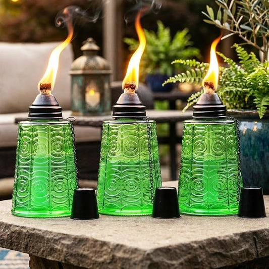 Seraphic Citronella Table Top Torches for Outdoor Patio, 16oz Decorative Glass Torch Citronella Candles for Outside Deck, Garden, Parties, Set of 3, Green