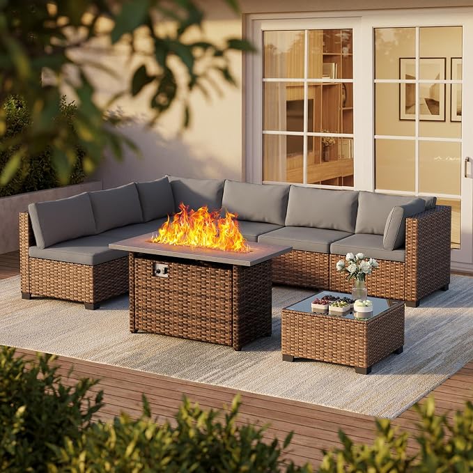 Qsun 8 Pieces Outdoor Patio Furniture Set with 44.9" Fire Pit Table, All-Weather Wicker Outdoor Patio Sectional Set with Coffee Table, for Garden Backyard