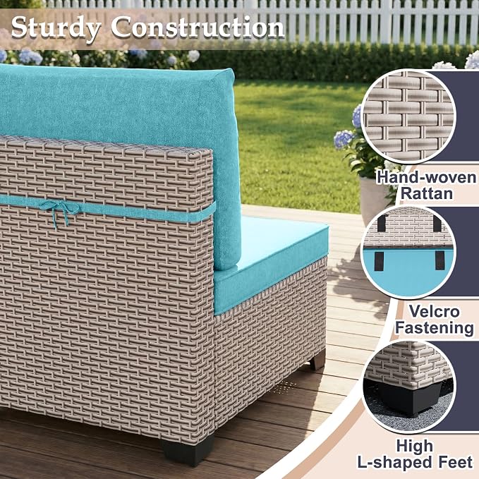 Patio Furniture Set, 17-Piece Outdoor Sectional Sofa with Swivel Rocker Chairs & 2-Layer Glass Coffee Table, Wicker Patio Conversation Set with Cyan Cushions