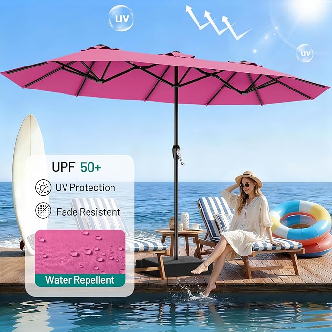 AreShark 15ft Patio Umbrella with Base, Double Sided Outdoor Umbrella with 12 Fiberglass Ribs, Large Outdoor Umbrella for Garden, Pool, Deck, Backyard & Market, Rose Pink