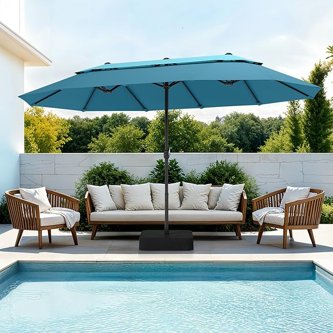PHI VILLA 15ft Large Patio Umbrellas with Base Included, 2-Tier Outdoor Double-Sided Rectangle Market Umbrella with Stand, Outside Umbrellas for Poolside Lawn Backyard, Blue & Cerulean