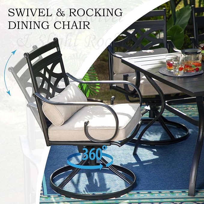 MFSTUDIO 7-Piece Patio Dining Set, 64" Metal Table, Swivel Chairs, Seats 6 | Umbrella Hole