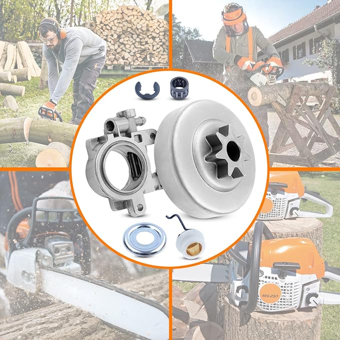 3/8" Clutch Drum Sprocket Oil Pump Worm Gear Kit fit For Stihl MS311 MS391 Chainsaws, 3/8" 7T Clutch Drum, Needle Bearing, Washer, Clip, Oil Pump, Worm Gear