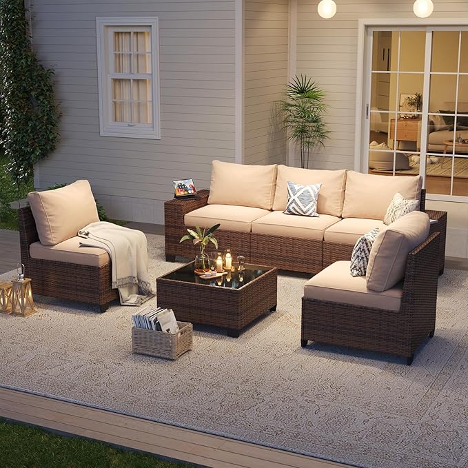 Aoxun Patio Fruniture Sets, Wicker Outdoor Patio Furniture Set with 4 in Thick Cushions and Widen Armrests, All-Weather Outdoor Sectional for Backyard, Garden and Poolside (Waterproof Cover Included)