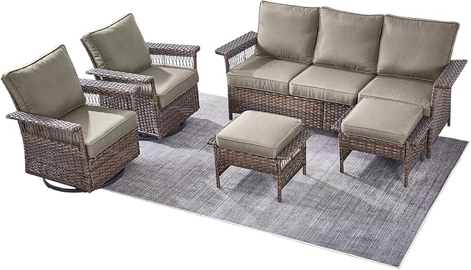 Outdoor Wicker Patio Furniture Set - 5 Piece Rattan Patio Conversation Sets with 2 Rocking Swivel Chairs,2 Ottomans and 1 Sofa for Porch Deck Garden Backyard(Brown/Grey)