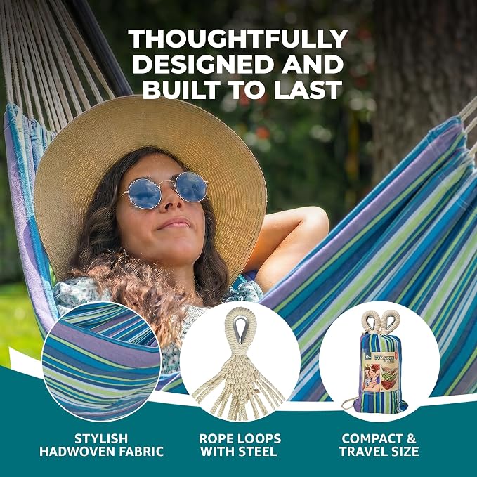 Bliss Hammocks 60" W Double Outdoor Hammock with Hand-Woven Rope Loops & Tree Straps, Patio, Durable, Cotton/Polyester, 265 Lbs Capacity, Malibu Stripe